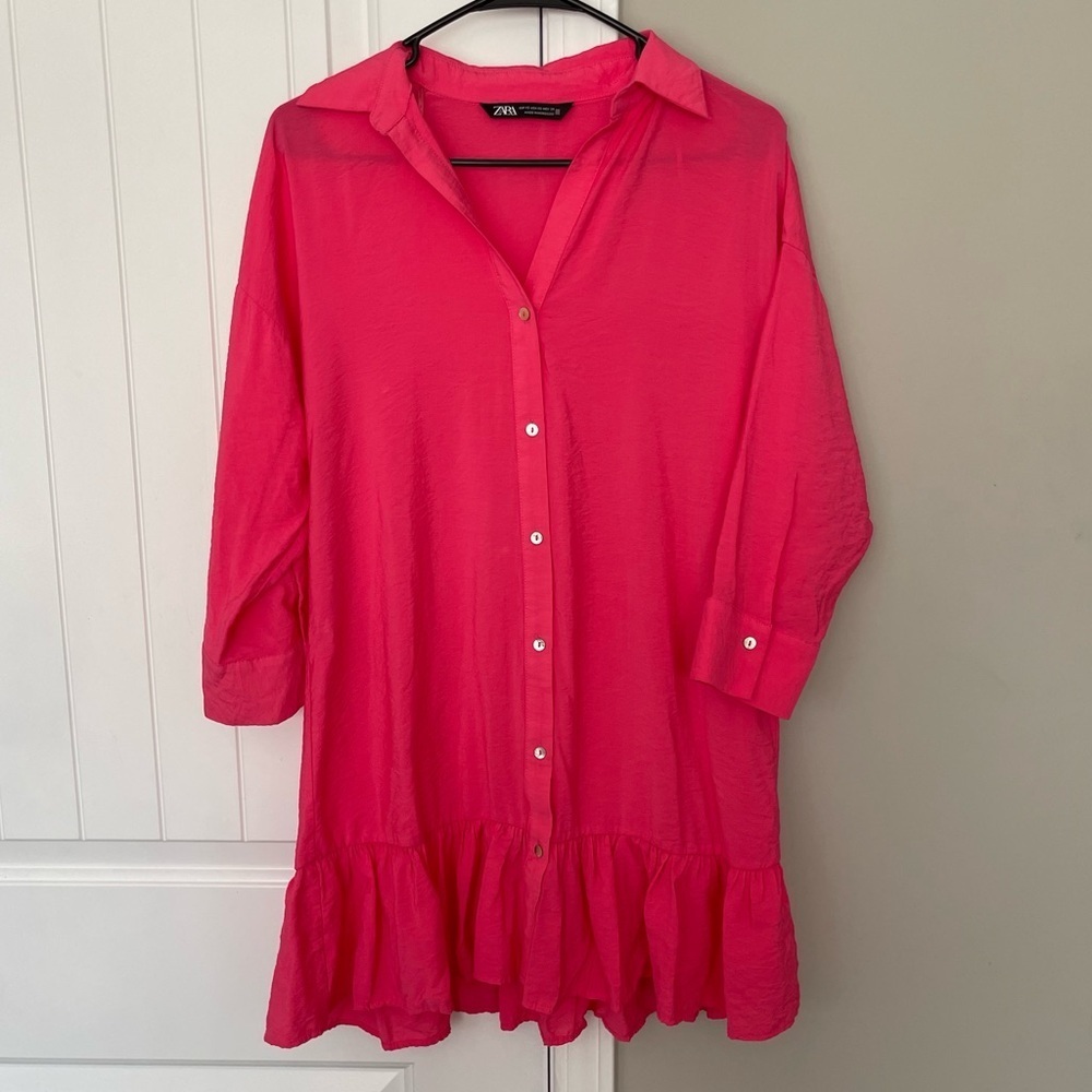 ZARA Hot Pink Buttom Up Ruffle Dress XS